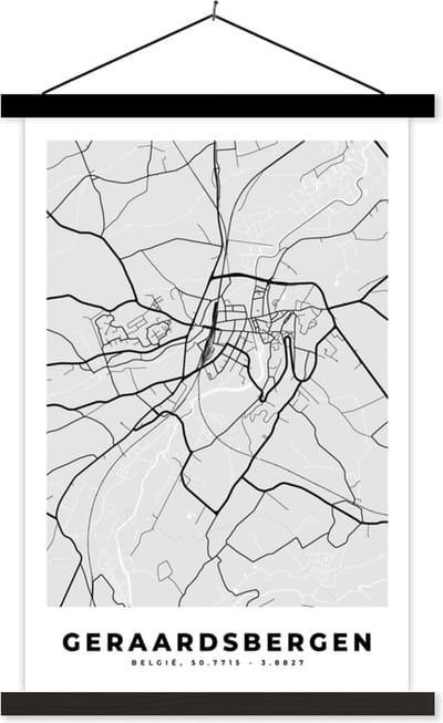 Posterhanger incl. Poster 40x60 cm - Schoolplaat - Stadskaart – Zwart Wit - Kaart – Geraardsbergen – België – Plattegrond - Textielposter - Zwarte latten - Stadskaart