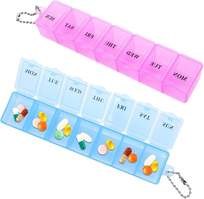 2 Stuks Pillendoos Organizer voor 7 Dagen - Compacte Medicijn Dispenser en Herinnering voor Vitaminen en Supplementen (Roze+Blauw)