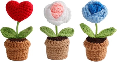 SnelShoppen - 3 Pack Kunstmatige Gehaakte Bloemen in Pot, Mini Gehaakte Bloemen, Handgemaakte Decoratie voor Tafel, Woonkamer, Kantoor, Auto
