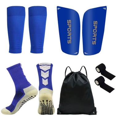 Gripsok set voetbal - sleeve - scheenbeschermers - tape - sokken- tas - voetbalsokken zonder voet - one size - 5-delig - blauw