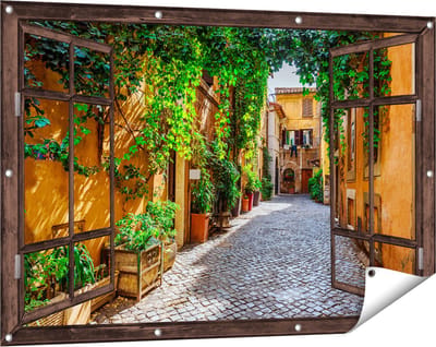 Gards Tuinposter Doorkijk Straatje in Rome met Groene Planten - 120x80 cm - Tuindoek - Tuindecoratie - Wanddecoratie buiten - Tuinschilderij
