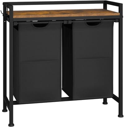 Velmio Wasmand 2 vakken - Wassorteerder - Badkamermeubel - Incl wielen - Bruin/Zwart - Metaal frame - Dark oak - opvouwbaar