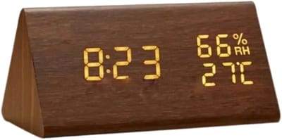 QTTVBTNA -Digitale Houten Wekker met LED Tijdweergave – Elektronische Alarmklok met 3 Alarms, Temperatuur- & Vochtigheidsmeter, 3 Helderheidsniveaus – Moderne Elektrische Klok in Lichtbruin Hout