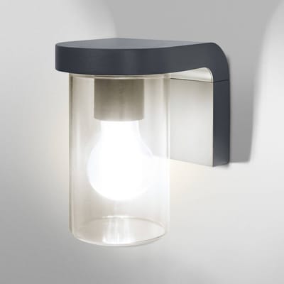 OSRAM buitenwandlamp E27 helder glas, modern design aluminium in donkergrijs, IP44 bescherming, schokbestendig IK03, wandlamp voor terras en balkon