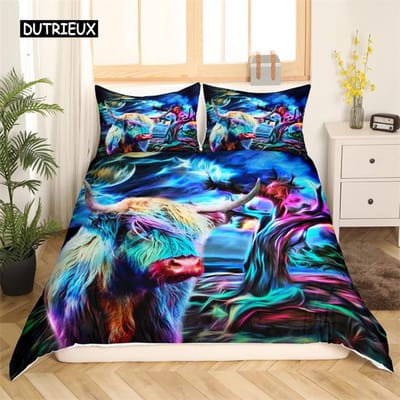 Dekbedovertrek Hooglandkoe Western Boerderijdier Beddengoedset Full King Voor Jongens Meisjes Microvezel Bloemen Stier Vee Dekbedovertrek EU single(135x200cm)