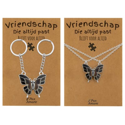 BFF Ketting + Sleutelhanger voor 2 'Vriendschap die altijd past' - Vlinder VERANDERT VAN KLEUR - Bundel op Cadeau Kaartje - Zilverkleurig - Vriendschap Symbool - Pax Amare