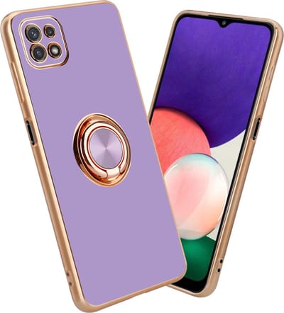 Cadorabo Hoesje geschikt voor Samsung Galaxy A22 5G in Glossy Licht Paars - Goud met ring - Beschermhoes van flexibel TPU-silicone Case Cover met camerabescherming en magnetische autohouder