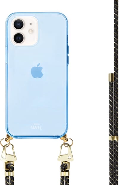 xoxo Wildhearts silicone case met koord - Blauw telefoonhoesje met koord - telefoonketting - Gold Goddess - Cord Case - geschikt voor Apple iPhone 11 - Zwart koord met gouden accenten