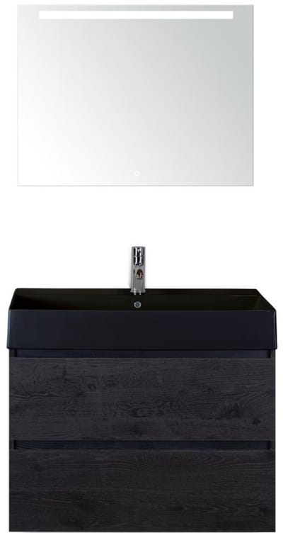 Maxx XL Badmeubelset 80 cm - Black Oak - Wastafel Kube Zwart 1 Kraangat met LED Spiegel