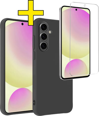 Hoesje - Met Screenprotector - Geschikt voor Samsung Galaxy S24 FE - Sterk & Shockproof - Back Cover - Siliconen Case - Telefoon Hoes - Telefoonhoesjes - Zwart