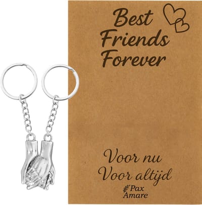 BFF Sleutelhanger voor 2 'Best Friends Forever' - Handjes Vasthouden - Sleutelhangers op Cadeau Kaartje - Zilverkleurig - Vriendschap Symbool - Pax Amare