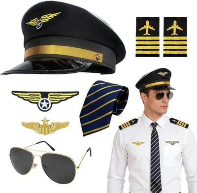 7-delige Piloten Kostuum Accessoires Set voor Halloween, Cosplay en Feestjes met Hoed, Bril en Badge