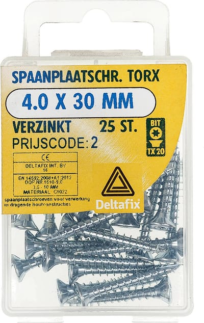 Deltafix spaanplaatschroef platkop / torx / met nibs / type 17 snijpunt verzinkt 4.0 x 30 mm 25 stiks Houtschroeven.