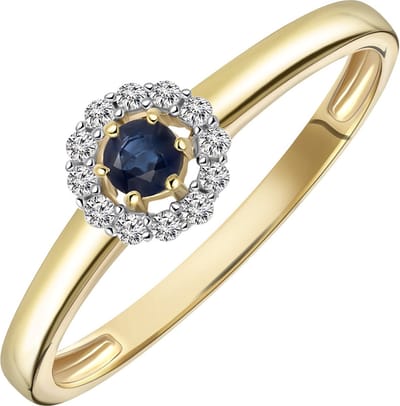 Lucardi Dames Ring saffier en 12 diamanten 0,08ct - Ring - Cadeau - 14 Karaat Goud - Geelgoud
