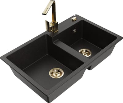 Mexen Tomas granieten gootsteen 2-komori met keukenkraan Rita, zwart/goud metallic - 6516-75-670300-50