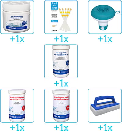 Zwembad Onderhoudspakket - Onderhoud Zwembad - bevat Chloor - Testrips - Chloordrijver - Chloor - PH-min - PH-plus en Scrubborstel (7-delig)