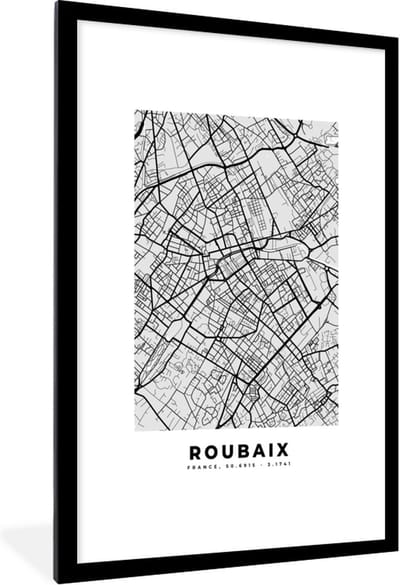 Fotolijst incl. Poster - Plattegrond - Kaart - Stadskaart - Frankrijk - Roubaix - 80x120 cm - Posterlijst