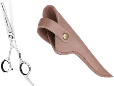 Professor Q Effileerschaar Hond – Professionele Uitdunschaar voor Hondenvacht – RVS – 6 inch – Met Vingerringen + Luxe Lederen Etui – 16,5 cm – Brons