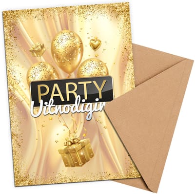 Uitnodiging Kinderfeestje Goud + Enveloppen 10 stuks - Beschrijfbaar - Uitnodiging verjaardag - Jongen of meisje - Uitnodigingskaarten - kraft envelop - Verjaardag Feest