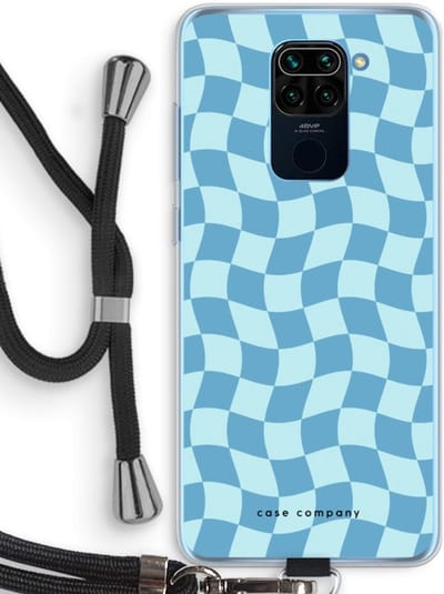 Case Company® - Hoesje met koord geschikt voor Xiaomi Redmi Note 9 hoesje met Koord - Grid Blauw - Telefoonhoesje met Zwart Koord - Bescherming aan alle Kanten en Over de Schermrand