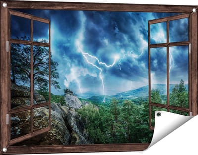 Gards Tuinposter Doorkijk Onweer in het Bos - Bliksem - 90x60 cm - Tuindoek - Tuindecoratie - Wanddecoratie buiten - Tuinschilderij