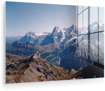 ® Glasschilderij 180x120 cm - Schilderij acrylglas - Uitzicht op de Berner Alpen vanaf de top van de Schilthorn in Zwitserland - Foto op glas - Muurdecoratie woonkamer - Wanddecoratie slaapkamer - Schilderijen