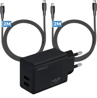 Snellader 45 W Power Delivery GaN oplader - 2 meter - Phreeze usb C Dual port charger met 2 usb C naar usb C kabels - Laptop oplader usb C