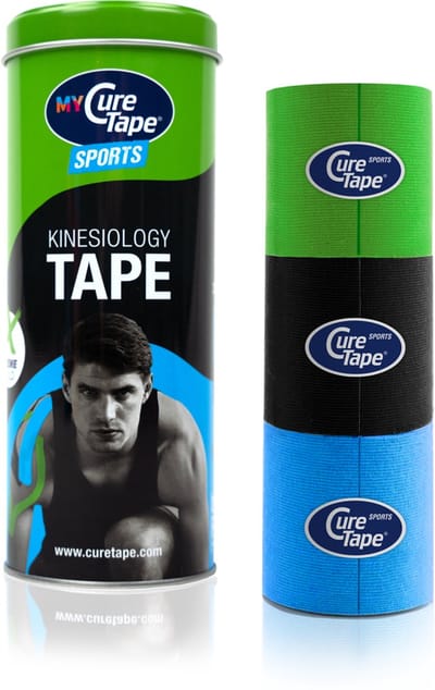 My CureTape® Sports - Kinesiotape - Lime, zwart en blauw in een koker met 3 rollen 5cm x 2,5m - Extra kleefkracht (kinesiotape, kinesiologie tape, fysiotape, sporttape)- ideaal voor sporters en het tapen van gewrichten