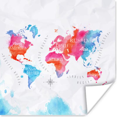 Poster 30x30 cm - Wereldkaart - Kleuren - Waterverf - Posters - Kamer decoratie - Wanddecoratie woonkamer - Muurdecoratie slaapkamer