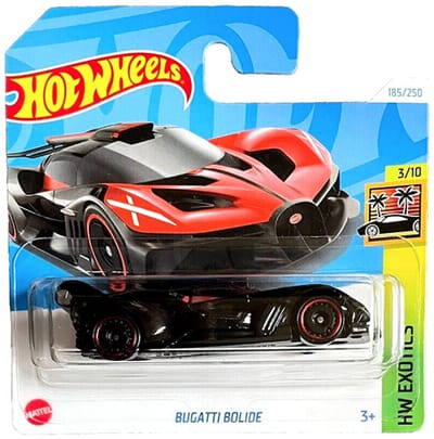 HOT WHEELS BUGATTI BOLIDE HYPERCAR BLACK / RED 85/250 1:64 HW EXOTICS 3/10 SHORT CARD