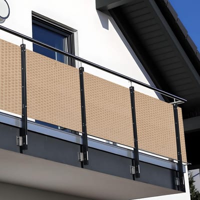 NYVI Polyrattan Balkon Privacy Scherm Privafence 90x300 cm Beige - Balkonbekleding met metalen ogen - UV-bestendig, Weerbestendig, 100% Ondoorzichtig - Balkonomheining 0.9x3 m