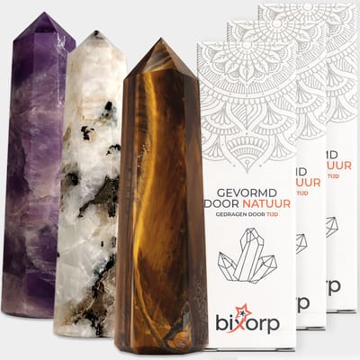 Bixorp Gems Edelsteen Punt set met Maansteen + Amethist + Tijgeroog - Edelstenen Obelisk - Decoratieve Toren van 100% Natuurlijke Edelsteen - 6 tot 8cm