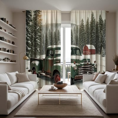 2 stuks HD Pijnboombos vrachtwagen sneeuwlandschap decoratief gordijn Groene band digitaal bedrukt gordijn Woondecoratie stijl Decoratie liv W52H63inchW132H160cm black
