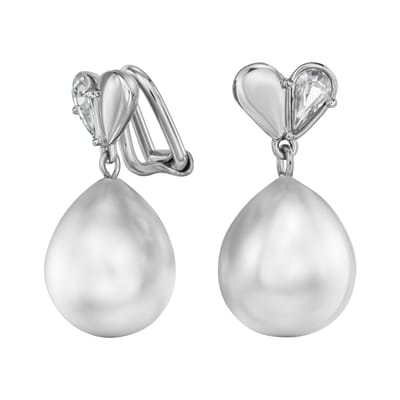 Traveller Clip Oorbellen - Oorclips Dames - Geplatineerd - Parels - Wit - 14x12mm - Druppel - Kristallen - Hart - 20x12mm - 114370