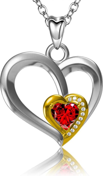 Bixorp Exclusive 925 Sterling Zilveren Ketting met Hartje & Rode Edelsteen Hanger - Goudkleurige Details - 45 CM