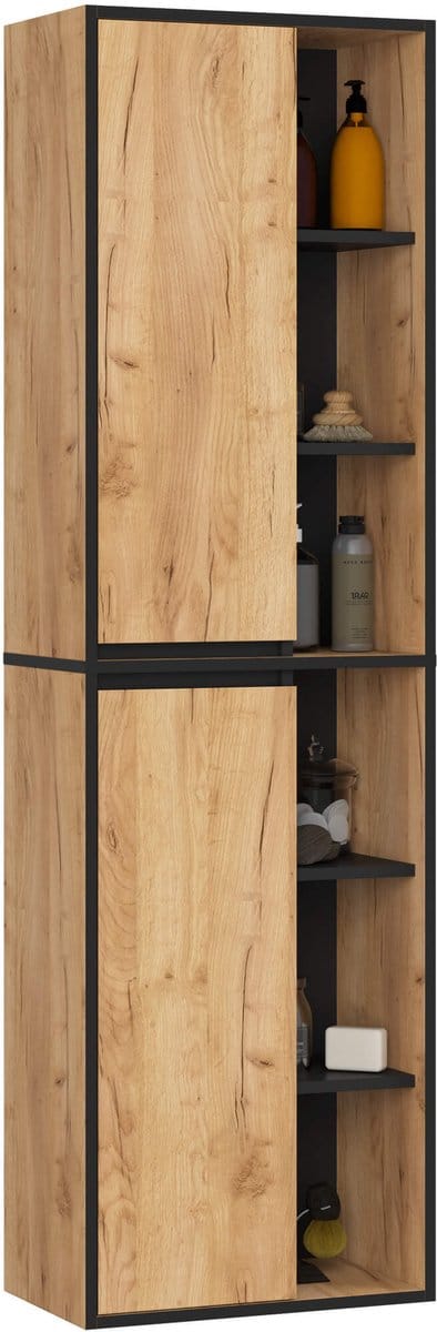 Hangende Badkamerkast Kolomkast VAMI W50 met 2 Deuren en 10 Planken / Craft Eik - Zwart / AKORD Furniture Factory / 50x170x30 cm