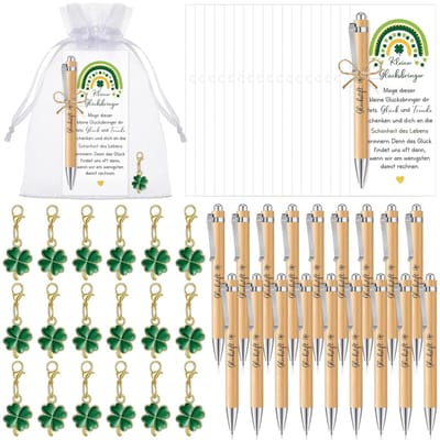 Dailygoods- Geluksbrengers 18-delig - Balpennen - Sleutelhangers - Wenskaarten - Geschenkzakjes - Houten en metalen materialen - Cadeauset