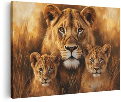 Artaza Canvas Schilderij Leeuwin Met Welpen - Dieren - Abstract - 120x80 cm - Groot - Wanddecoratie Woonkamer - Schilderijen - Muurdecoratie