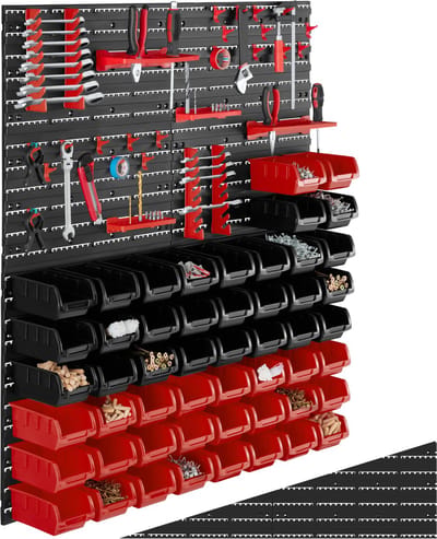 tectake® Werkplaats Gereedschapswand - Set van 2 Onderdelenkast met 56 Opbergbakken en Gereedschapshouders - 2x 44-Delige set met 28 Stapelboxen, Haken en Wandplaten - Opslagsysteem voor Gereedschap, Onderdelen en Accessoires - Ideaal voor Garage