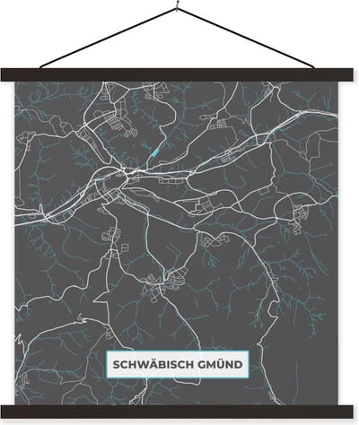 Posterhanger incl. Poster 90x90 cm - Schoolplaat - Blauw – Duitsland – Plattegrond – Stadskaart – Kaart – Schwäbisch Gmünd - Textielposter - Zwarte latten - Stadskaart
