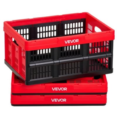 VEVOR Opvouwbare Opbergdozen 32 L, Set van 3, Opvouwbare Plastic Opbergdozen, Stapelbare Opvouwbare Manden Met Handvatten, 12 Kg Draagvermogen Per Doos, Opvouwbare Krat, Ideaal voor Huishoudelijke Organisatie, Rood & Zwart