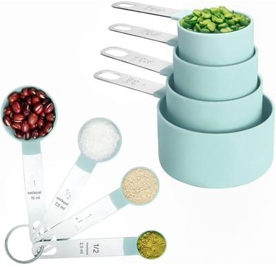 GELLDG Muntgroene Praktische Maatlepel Set - Maatbekers en -lepels set - Stapelbare maatbekers en -lepels - met roestvrijstalen handgrepen - Geschikt voor bakken, koken en koffiezetten - Geschikt voor Precies Wegen en - Blauw - 8-delige set