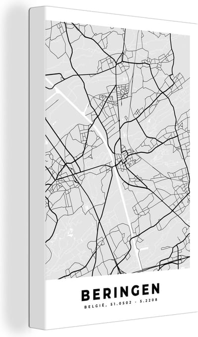 Canvas Schilderij Zwart Wit – België – Plattegrond – Stadskaart – Kaart – Beringen - 20x30 cm - Wanddecoratie