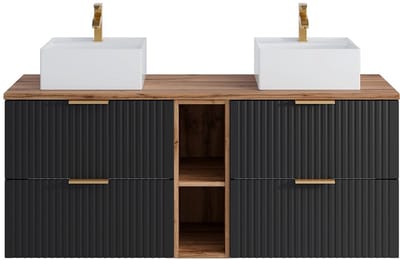 Vente-unique Geribbeld hangmeubel met nissen en vierkante opbouwwastafel - Zwart en licht naturel - L140 cm - ZEVARA