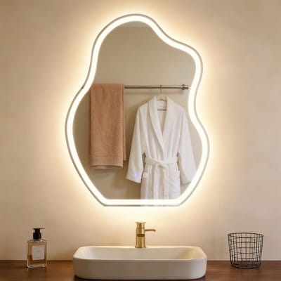 NETTLIFE LED Badspiegel 60x80 cm - Asymmetrisch Design - IP44 Waterdicht - 3000K-6500K Dimbaar - Touch Schakelaar - Anti-ontwasfunctie - voor Badkamer