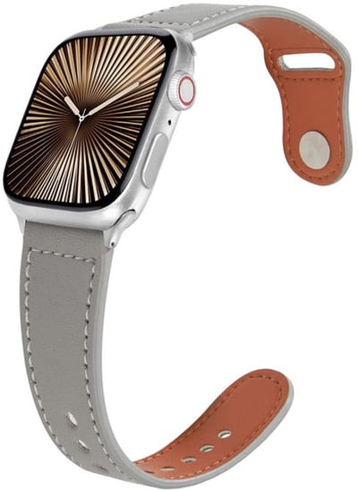 Leren bandje - geschikt voor Apple Watch 1/2/3/4/5/6/7/8/9/10/11/ SE (1,2,3) met maat 38 mm / 40 mm / 41 mm en 42 mm (Watch 10/11) - leer met druksluiting - Grijs