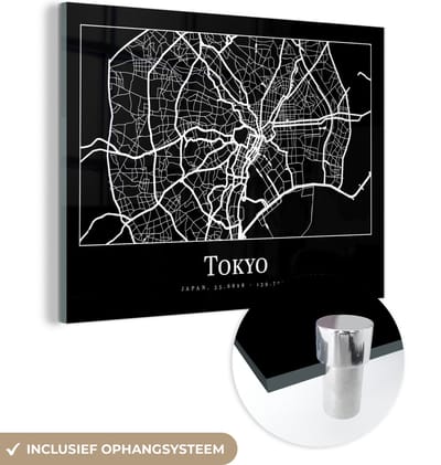 MuchoWow® Glasschilderij 120x90 cm - Schilderij acrylglas - Kaart - Tokio - Stadskaart - Plattegrond - Tokyo - Foto op glas - Schilderijen