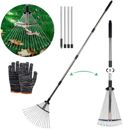 Dailygoods- Bladhark Verstelbaar 101-215 cm - Tuinhark - Bladhark Metalen - Bladhark Opvouwbaar - Bladhark Roestvrij Staal - Duurzaam en Sterk