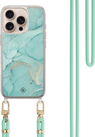 Casimoda® hoesje met koord - Geschikt voor iPhone 16 Pro Max - Marmer mint groen - Afneembaar koord - TPU/polycarbonaat - Mint