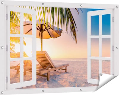 Gards Tuinposter Doorkijk Tropisch Strand tijdens Zonsondergang - 120x80 cm - Tuindoek - Tuindecoratie - Wanddecoratie buiten - Tuinschilderij